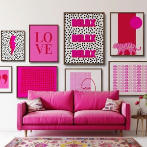Pink Preppy Wall Art Set of 8 Prints Retro Gallery Wall y2k Aesthetic Colorful Posters Maximalist Wall Art Trendy Print Set Girly Wall Art