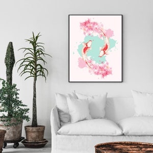May include: A watercolor painting of two red and white koi fish swimming in a circle of pink cherry blossoms. The background is a light blue watercolor wash.