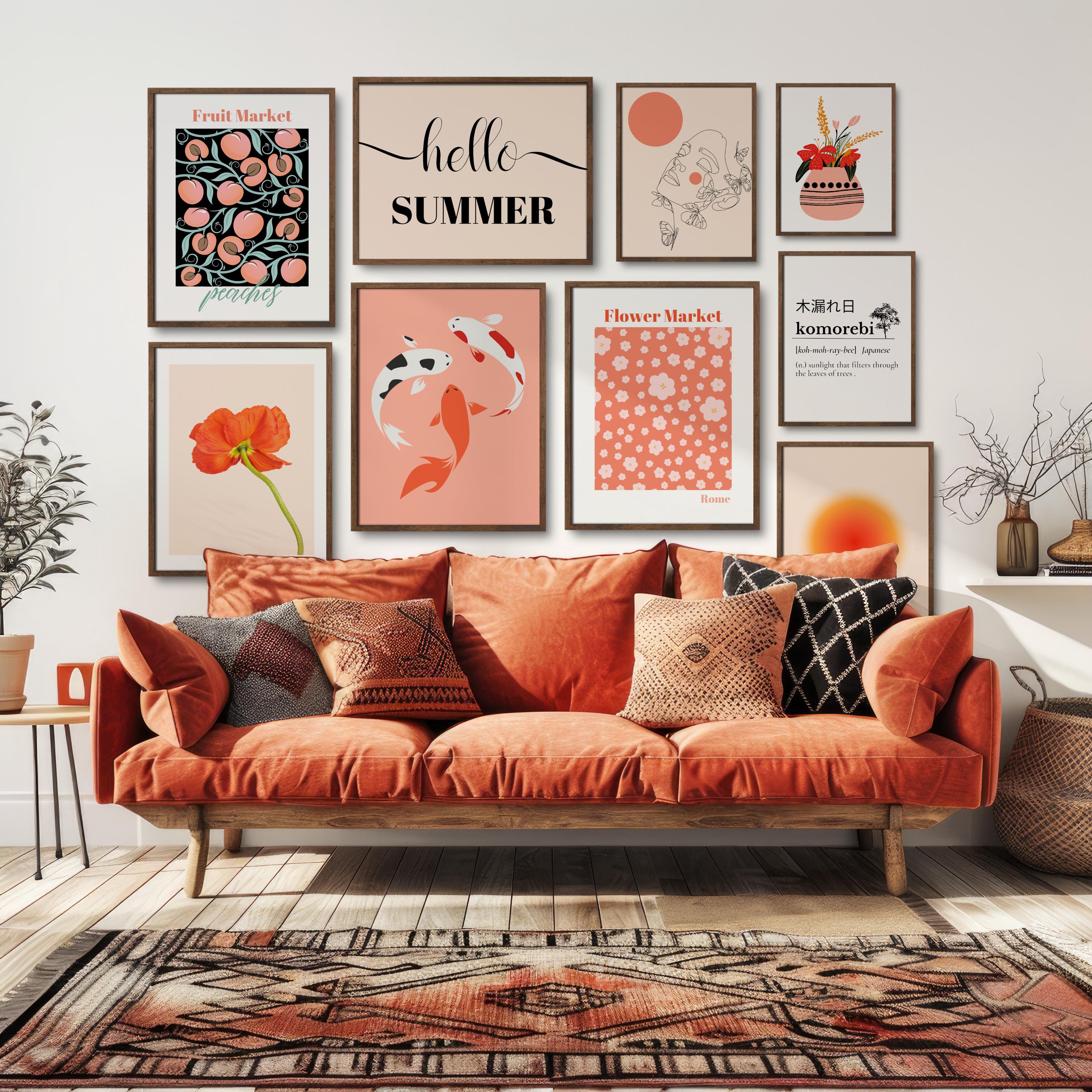 Summer Wall Art Coral Peach Orange Gallery Wall Set of 9 Prints