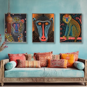 Yayoi Kusama Style Mandrill Art Print 3er Set Funky Poster Maximalist Wandkunst Bunte Tierdrucke Trendige Poster Schrullige Affen Prints