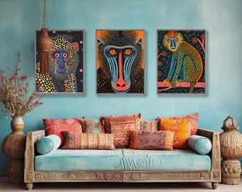 Yayoi Kusama Style Mandrill Art Print Set of 3 Funky Posters Maximalist Wall Art Colorful Animal Prints Trendy Posters Quirky Monkey Prints