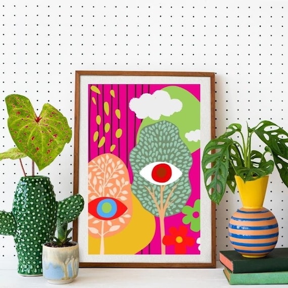 Evil Eye Forest Trippy Wall Art, Colorful Quirky Poster, Whimsical Folk Art Decor, Mid Century Modern Abstract Art Print, DIGITAL DOWNLOAD