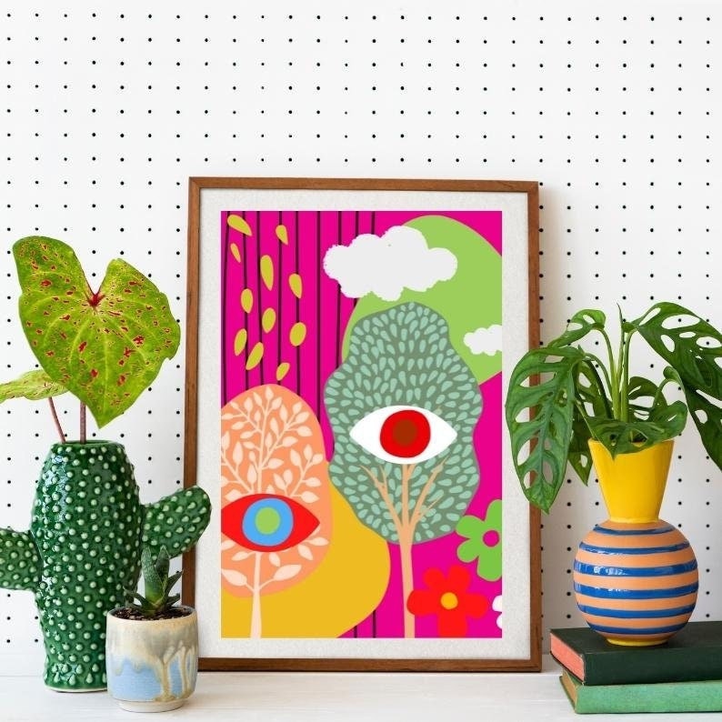 Onda ögat skog trippy väggkonst, färgglad udda affisch, nyckfull folkkonstdekor, mitten av århundradet modern abstrakt konsttryck, digital nedladdning bild 1