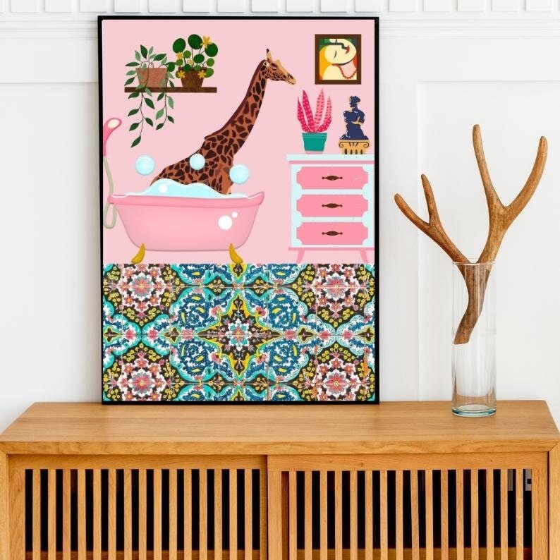 Bathing Giraffe Pink Wall Art, Animal in Bath Print, Maximalist Wall Art, Pink Giraffe Printable, Bathroom Wall Decor, DIGITAL DOWNLOAD image 1