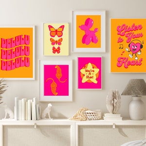 Hot Pink& Yellow Preppy Wall Art Set of 6 y2k Aesthetic Retro Gallery Wall Set Teen Room Wall Decor Maximalist Wall Art Colorful Posters