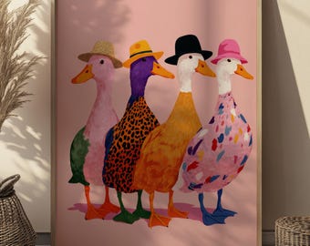 Colorful Silly Goose Illustrations Funky Animal Art Print DIGITAL, Quirky Geese Poster