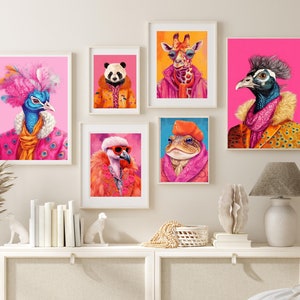 Bunte Tiere Mode Kunstdrucke Maximalist Wandkunst Funky Tier Mode Porträts Niedlicher Hipster Druck Skurrile Wandkunst Preppy Poster Set
