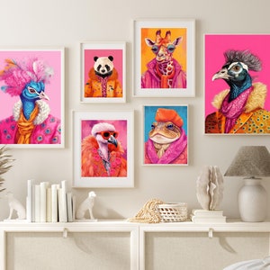 Colorful Animal Fashion Art Prints Maximalist Wall Art Funky Animal Fashion Portraits Cute Hipster Print Quirky Wall Art Preppy Poster Set image 1