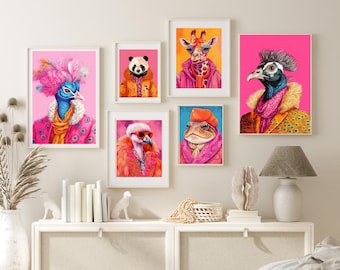 Colorful Animal Fashion Art Prints Maximalist Wall Art Funky Animal Fashion Portraits Cute Hipster Print Quirky Wall Art Preppy Poster Set