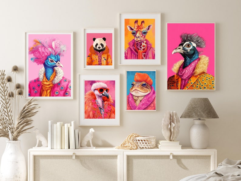 Colorful Animal Fashion Art Prints Maximalist Wall Art Funky Animal Fashion Portraits Cute Hipster Print Quirky Wall Art Preppy Poster Set image 1