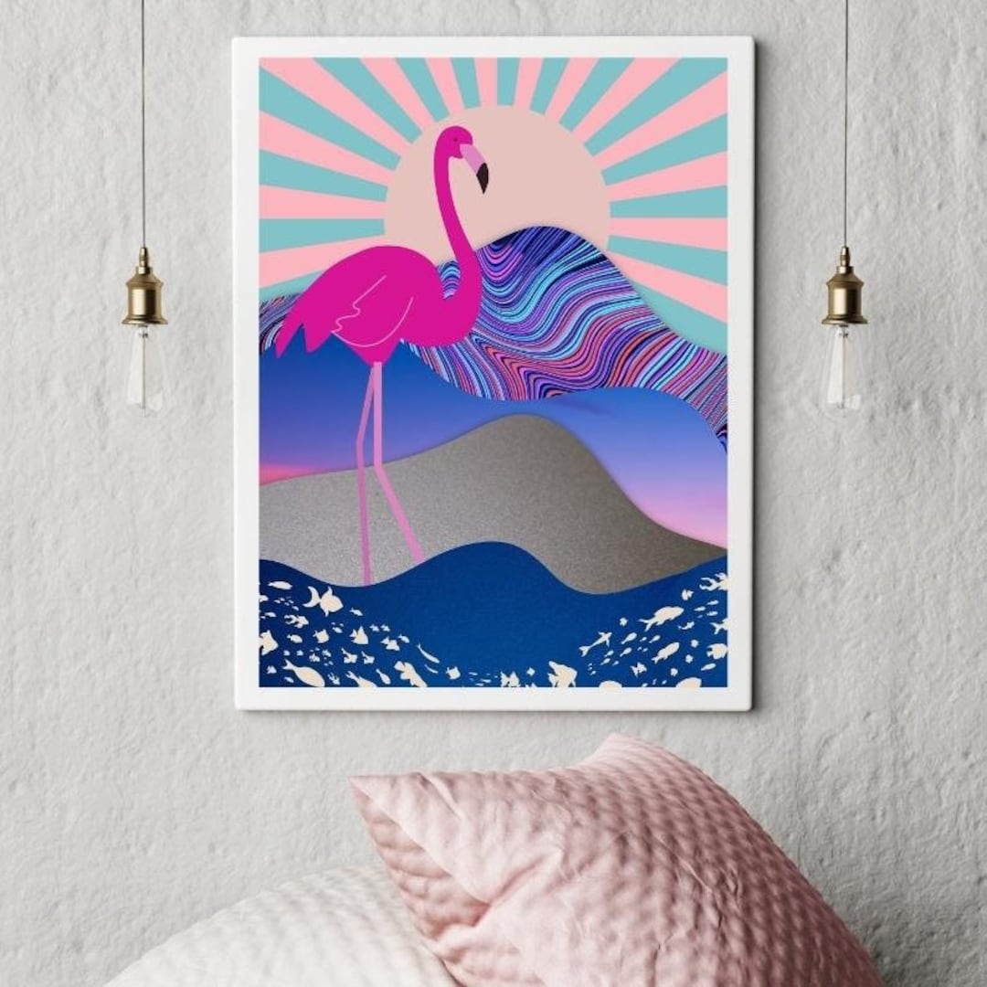Surreal Flamingo Poster Quirky Wall Art Psychedelic Colorful Collage