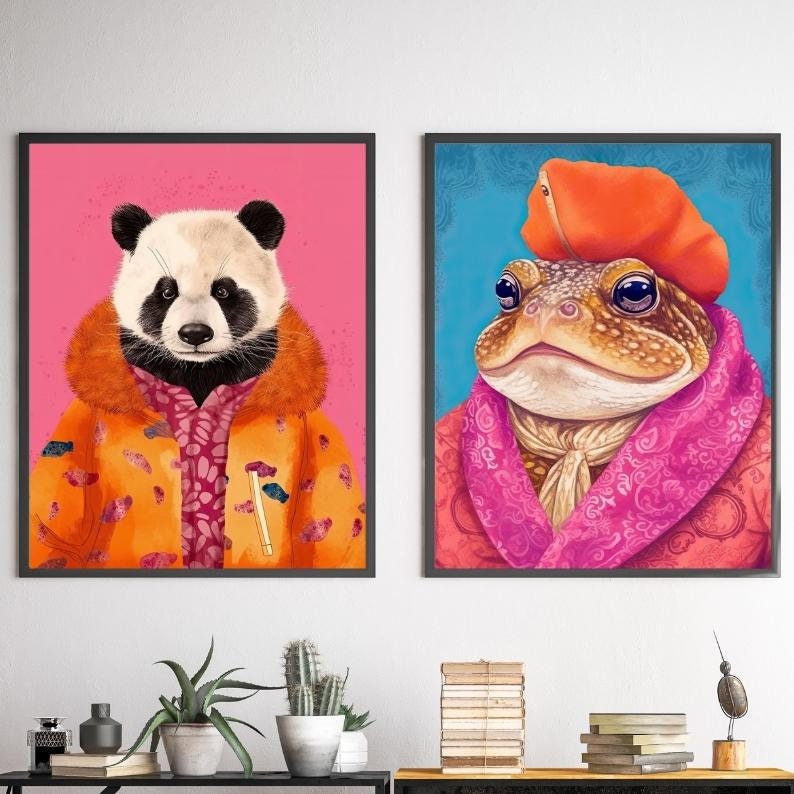 Colorful Animal Fashion Art Prints Maximalist Wall Art Funky Animal Fashion Portraits Cute Hipster Print Quirky Wall Art Preppy Poster Set image 5