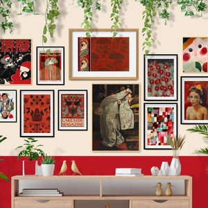 Red Curated Gallery Wall Set of 11, Eclectic Maximalist Wall Art, Vintage Posters Bundle, Paul Klee, Abstract Art Prints, Red Wall Decor