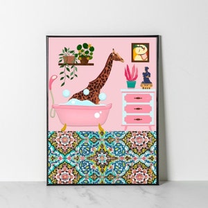 Bathing Giraffe Pink Wall Art, Animal in Bath Print, Maximalist Wall Art, Pink Giraffe Printable, Bathroom Wall Decor, DIGITAL DOWNLOAD image 2