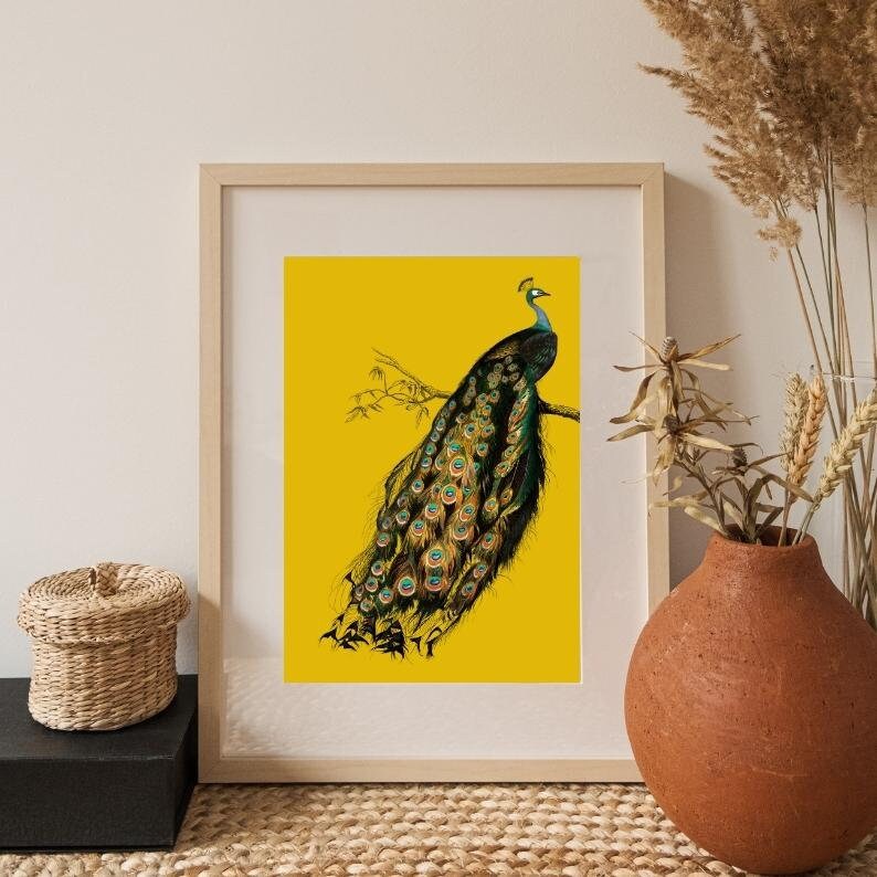 Vintage Peacock Wall Art Print Digital Printables Yellow Etsy
