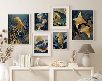 Navy Blue& Gold Sea Animals Ocean Life Gallery Wall Set of 6 Prints DIGITAL