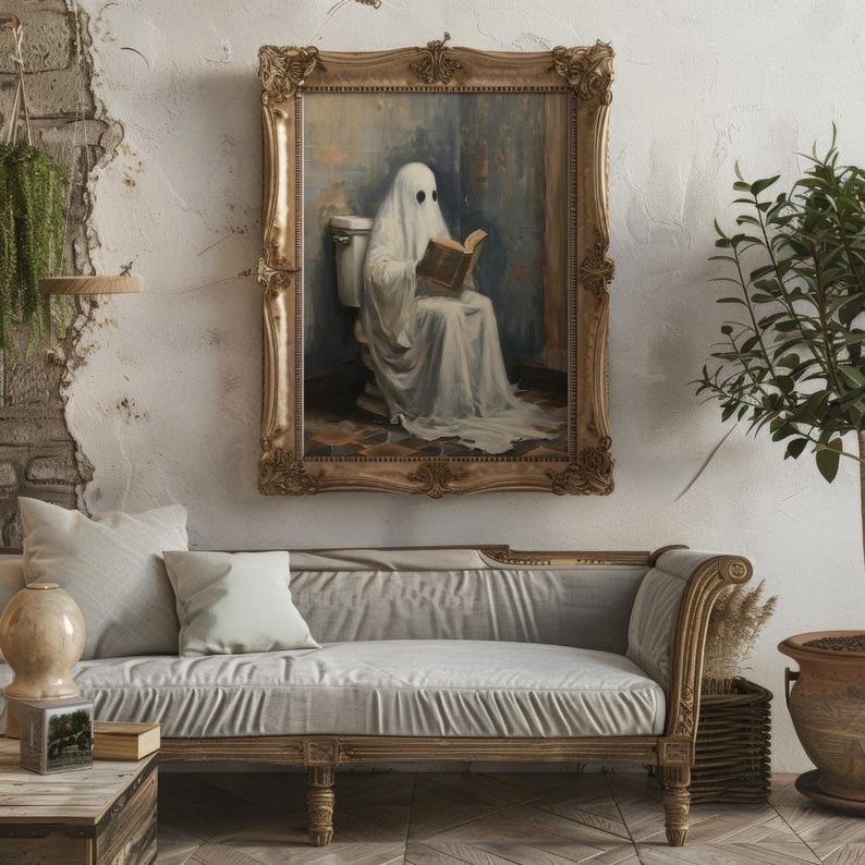 May include: A framed painting of a ghost sitting on a toilet and reading a book. The ghost is wearing a white sheet and has a book in its hands. The painting is set in a bathroom with a white toilet and a tiled floor.