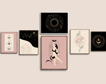 Black&Blush Witchy Gallery Wall Art Set of 6, pink goth aesthetic poster set, DIGITAL DOWNLOAD, dark academia printable wall art, evil eye