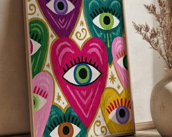 Mystical Evil Eye Illustrations Colorful Folk Art Print DIGITAL, Modern Nazar Poster Printable