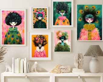 Colorful Peacock Fashion Art Prints Maximalist Wall Art Funky Animal Fashion Portraits Cute Hipster Print Quirky Wall Art Preppy Posters