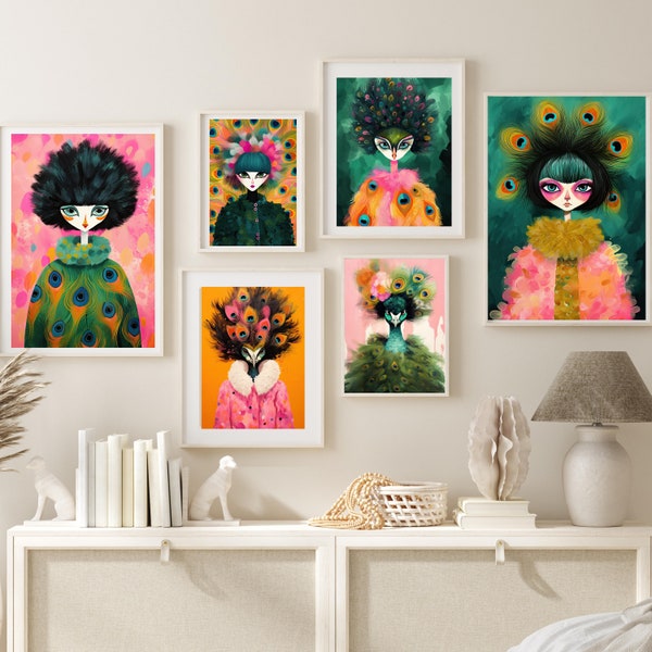 Colorful Peacock Fashion Art Prints Maximalist Wall Art Funky Animal Fashion Portraits Cute Hipster Print Quirky Wall Art Preppy Posters