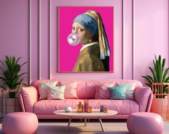 Pink Girl with a Pearl Earring and Bubblegum Maximalist Wall Art Print DIGITAL Altered Vintage Art Poster Bubblegum Art Print Trendy Poster