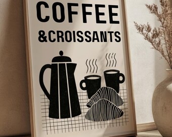 Beige and Black Coffee& Croissants Minimalist French Food Art Kitchen Poster DIGITAL