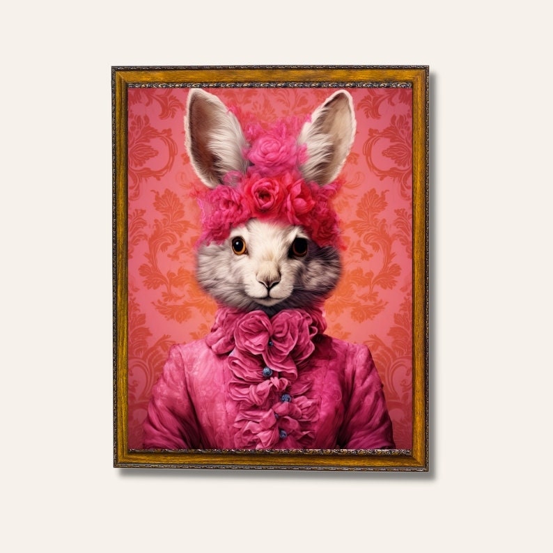 May include: A white rabbit wearing a pink ruffled dress and a pink flower crown. The rabbit is framed in a gold frame against a pink and white damask background.