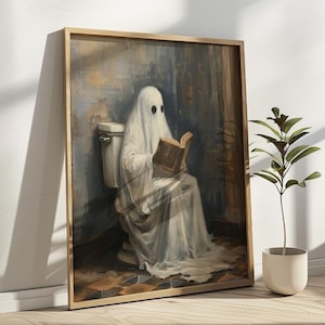 May include: A white ghost wearing a sheet sits on a toilet and reads a book. The ghost has two black eyes. The toilet is white and has a wooden seat. The ghost is sitting on the toilet seat. The background is a dark, textured wall.