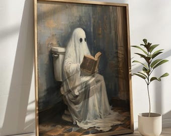 Ghost Reader in Toilet Halloween Art Print for Bathroom Wall Decor Spooky Posters Dark Academia Aesthetic Gothic Ghost Reading Book