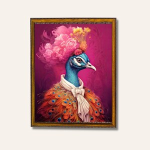 May include: A peacock with a pink and yellow flower crown, wearing a white ruffled collar and bow tie, against a magenta background.