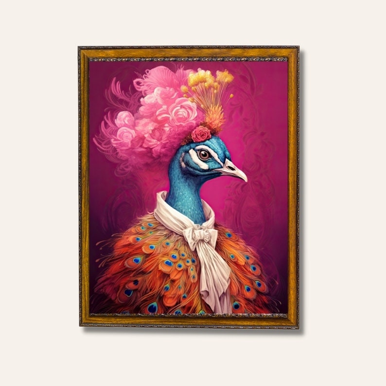 May include: A peacock with a pink and yellow flower crown, wearing a white ruffled collar and bow tie, against a magenta background.