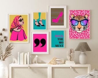 Retro Maximalist Wand Kunst 6er Set, Bunte Poster, Lebendige Galerie Wand Set, Preppy Wand Dekor, Pink Tiger Print, Girly Feminine Wandkunst