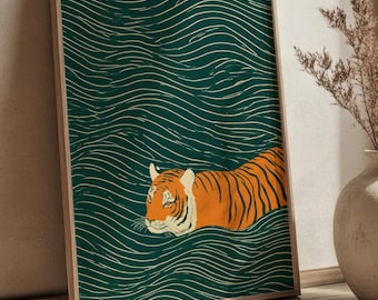 Tiger Swimming Through Green Waves Minimalist Animal Art Print DIGITAL, Abstract Scenery Poster