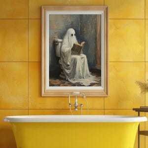 May include: A white ghost sitting on a toilet and reading a book. The ghost is wearing a white sheet and has a book in its hands. The ghost is sitting in a bathroom with yellow tiled walls.