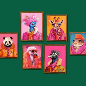 Colorful Animal Fashion Art Prints Maximalist Wall Art Funky Animal Fashion Portraits Cute Hipster Print Quirky Wall Art Preppy Poster Set image 10