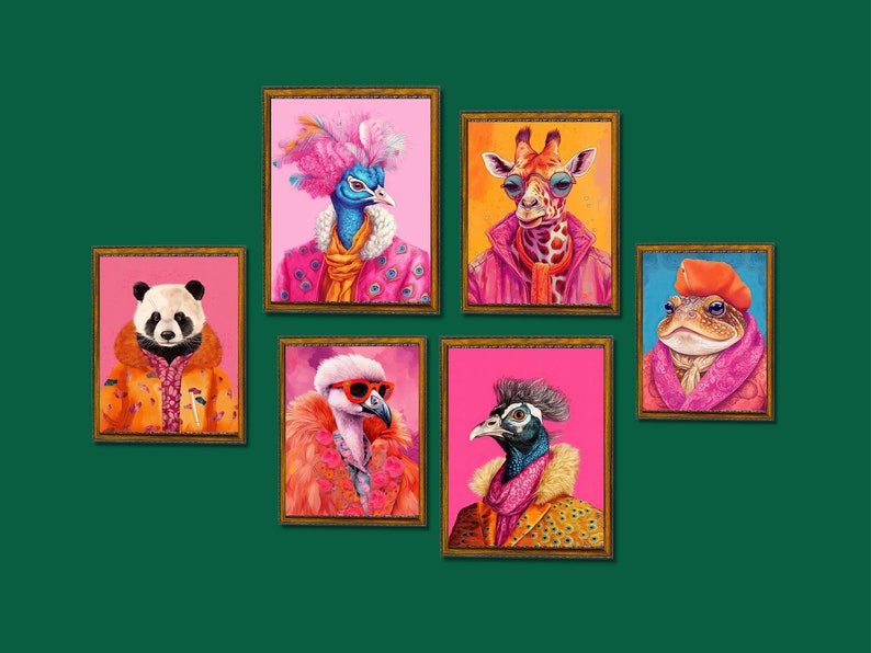 Colorful Animal Fashion Art Prints Maximalist Wall Art Funky Animal Fashion Portraits Cute Hipster Print Quirky Wall Art Preppy Poster Set image 10