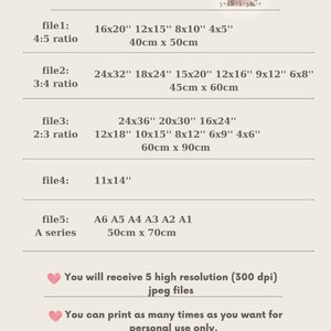 May include: A chart showing different aspect ratios for digital files, including 4:5, 3:4, 2:3, and A series. The chart lists the dimensions in inches and centimeters. The text "You will receive 5 high resolution (300 dpi) jpeg files" is also included.