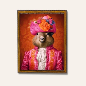 May include: A portrait of a marmot wearing a pink and orange turban with flowers, a pink jacket with gold embroidery, and a white lace collar. The background is a red and gold patterned fabric.