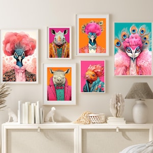 Bunte Tiermode Kunstdrucke Maximalist Wandkunst Funky Animal Fashion Portraits Niedlicher Hipster Druck Schrullige Wandkunst Preppy Print Bundle