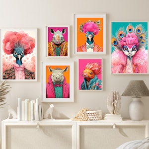 Colorful Animal Fashion Art Prints Maximalist Wall Art Funky Animal Fashion Portraits Cute Hipster Print Quirky Wall Art Preppy Print Bundle