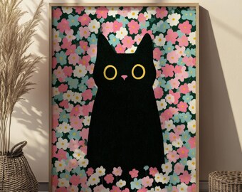 Black Cat in Flower Field Botanical Animal Art Print DIGITAL, Black Kitten with Wildflowers