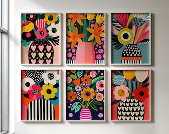 Colorful Flower Bouquet Vases Maximalist Wall Art Set of 6 Floral Prints DIGITAL