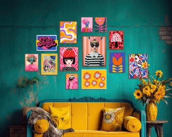 Maximalist Gallery Wall Set of 13 Colorful Posters Funky Wall Art Fashion Art Prints Surreal Posters y2k Aesthetic Quirky Wall Art Hipster