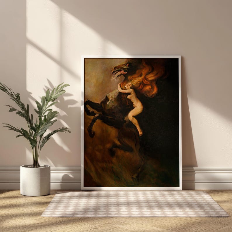 Op de afbeelding: Een ingelijst schilderij toont een naakte figuur met lang rood haar die zich vastklampt aan een steigerend zwart paard. Het kunstwerk heeft een donkere, dramatische esthetiek met de nadruk op beweging en emotie, tegen een schaduwrijke achtergrond.