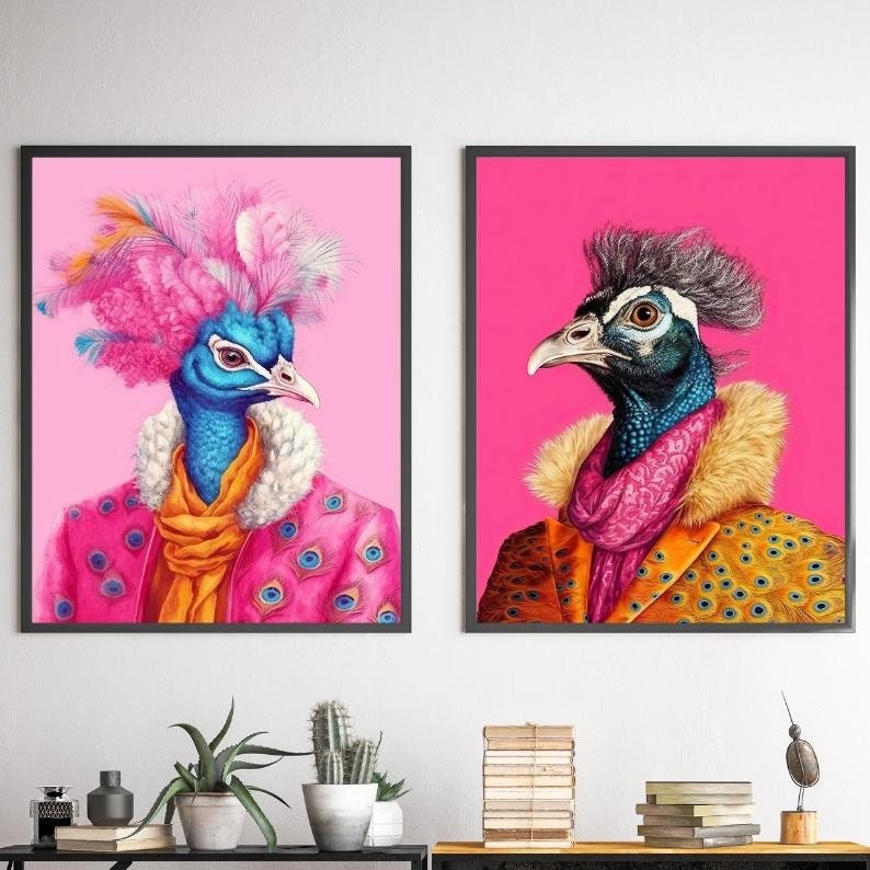 Colorful Animal Fashion Art Prints Maximalist Wall Art Funky Animal Fashion Portraits Cute Hipster Print Quirky Wall Art Preppy Poster Set image 3