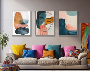 Modern Art Gallery Wall Set of 3 Prints Abstract Posters Boho Wall Art Eclectic Art Prints Trendy Posters Minimalist Aesthetic Color Blocks