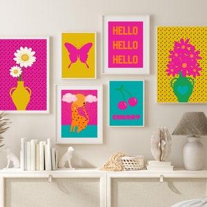 Buntes Retro-Galeriewand-Set mit 6 Drucken, Funky Wandkunst DIGITAL, trendige Wanddekoration, Schmetterling Poster, Kirsche Kunstdruck, Blumenwandkunst