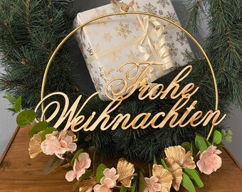 Türkranz "Frohe Weihnachten", Flowerhoop, Weihnachtskranz, Blumenkranz, Wandkranz