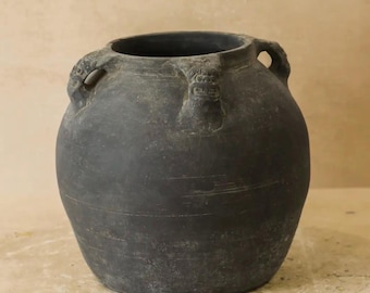Vintage Clay Lion Ears Dark Pot Vessel Vase